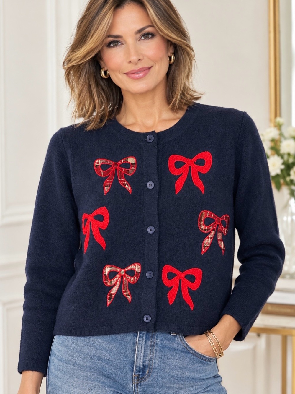 Threaded Leaf, NWT, Navy Bow-Appliqué Crewneck Cardigan Sweater - S and M